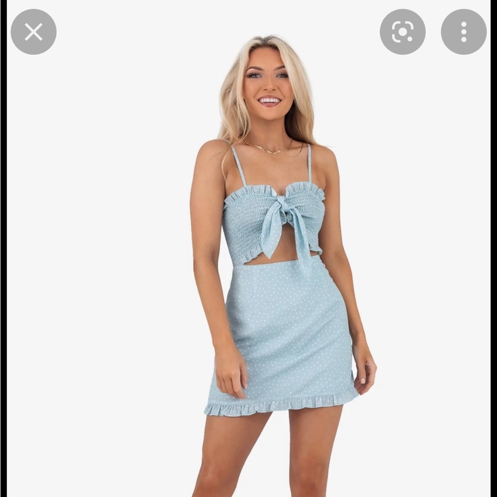 Size medium BRAND NEW WITH TAGS kittenish dress Light blue with white polka dots